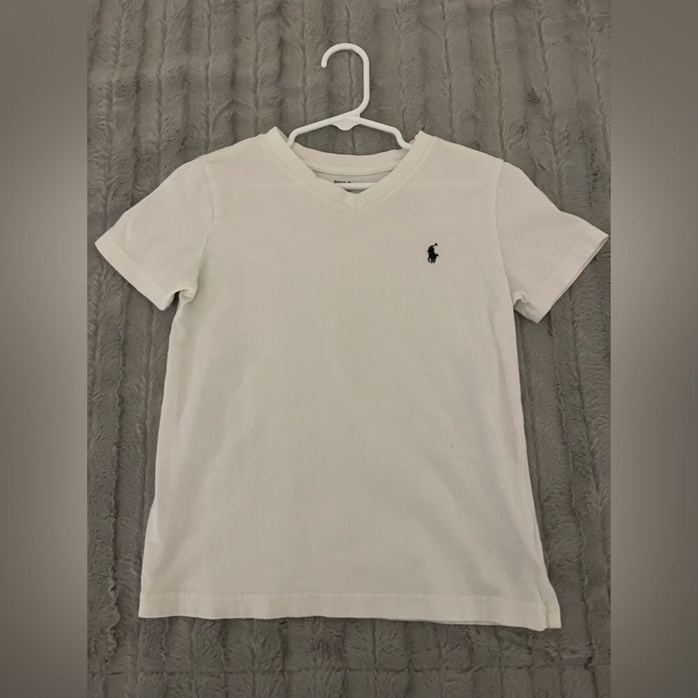 Boy’s Polo Ralph Lauren Cotton Jersey V-Neck Tee | Size 4/4T | White/ Navy